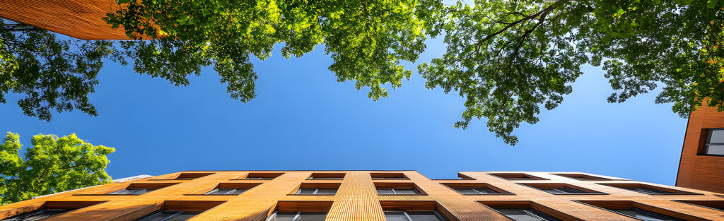 A modern apartment building with a warm wood facade is nestled amongst lush green trees against a vibrant blue sky.